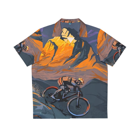 Mountain biker wearing a Hawaiian shirt in a scenic outdoor landscape