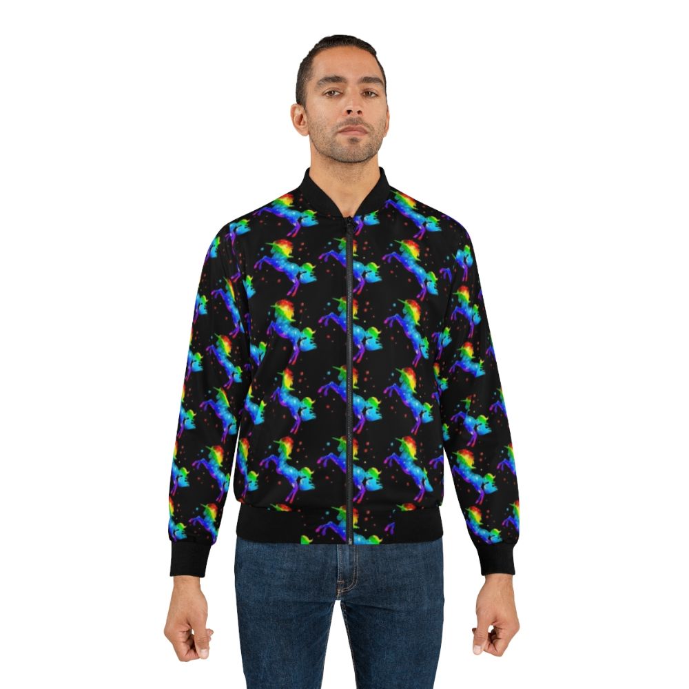 Galaxy unicorn bomber jacket with vibrant rainbow and cosmic star design - Lifestyle