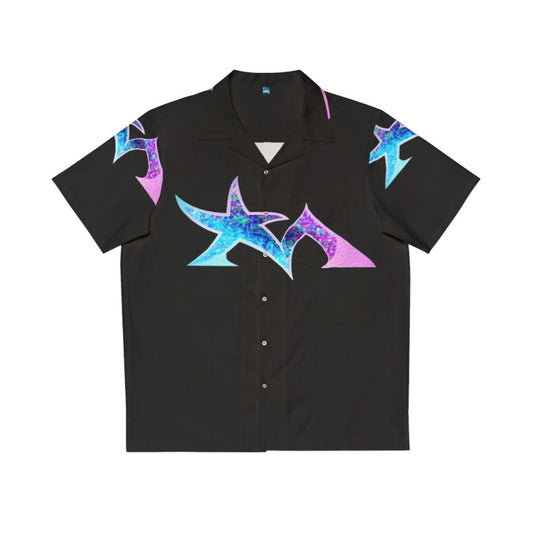 Retro synthwave Hawaiian shirt with electronic music band logo