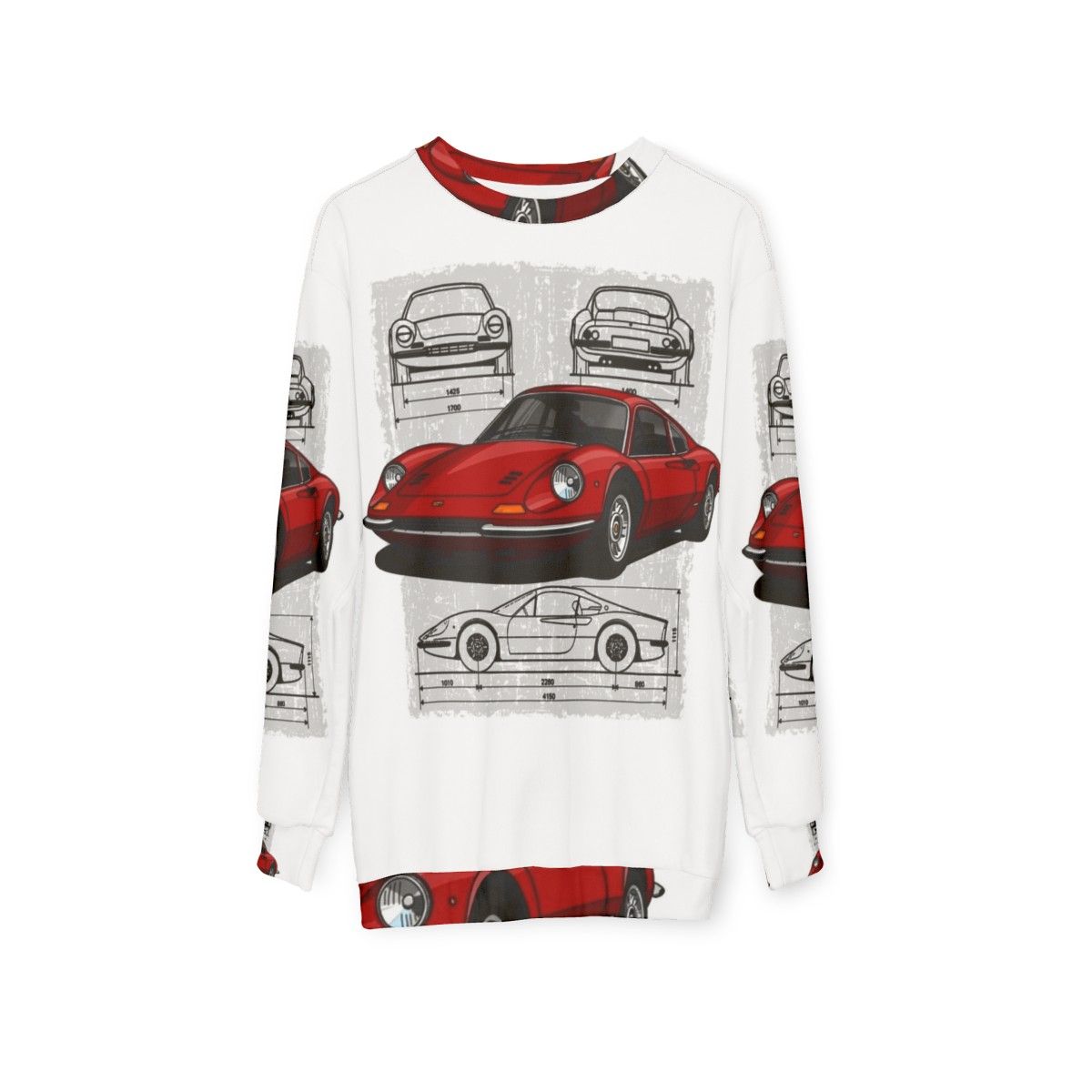 Sweatshirt featuring a drawing of the iconic Ferrari Dino sports car - hanging