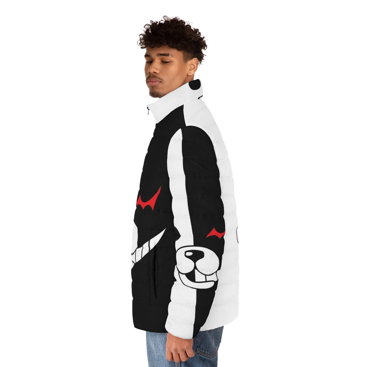 Monokuma Danganronpa Puffer Jacket with black and white bear design - men side left