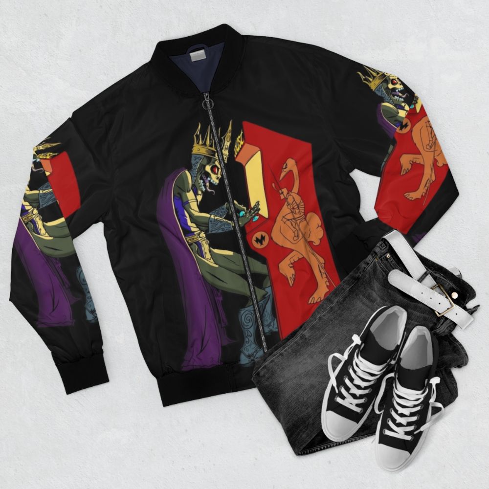 Bomber jacket featuring ready player one, gaming, retro gaming, and sci-fi inspired design - Flat lay