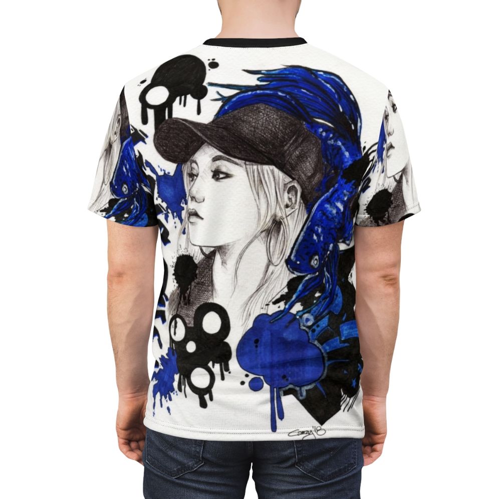 Stylish blue betta fish graphic t-shirt design for LOONA fans - men back