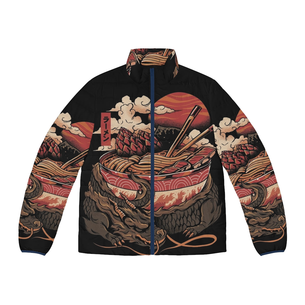 Model wearing a puffer jacket with a dragon and ramen bowl design, focus keyword: dragon ramen puffer jacket