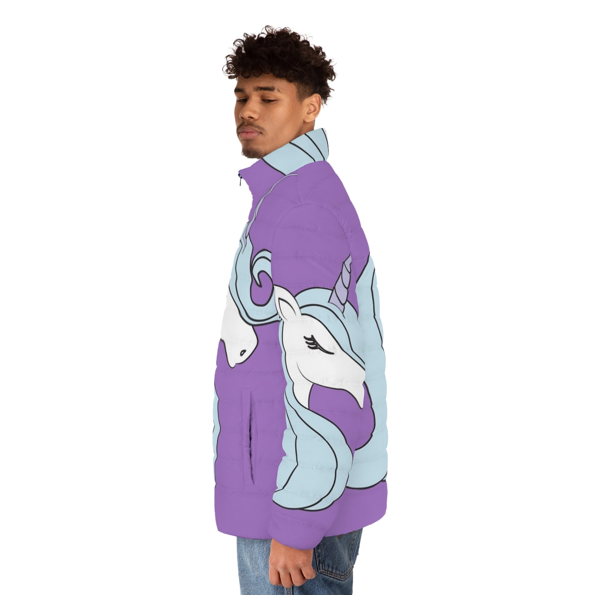 The Last Unicorn Minimalist Puffer Jacket with a unicorn head and horn in purple and blue - men side left