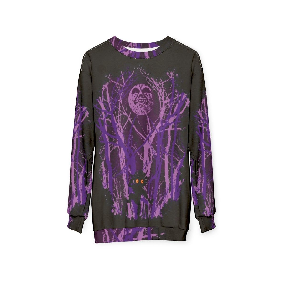 "Lost in the Woods" sweatshirt featuring nature and fantasy-inspired design - hanging