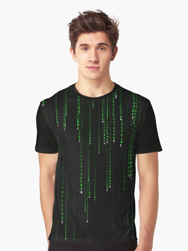 Matrix-inspired green graphic t-shirt with coded design - Men