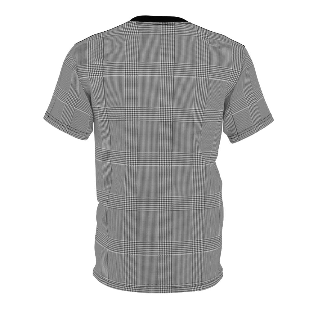 Model wearing a sophisticated glen plaid t-shirt for a classic, business-casual look. - Back