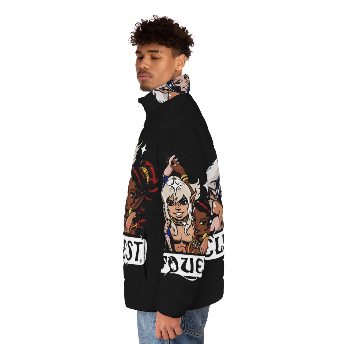 Elfquest Retro Puffer Jacket featuring fantasy characters and vintage comic art - men side left