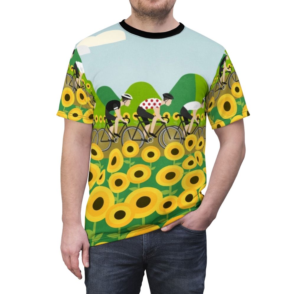 Colorful cycling t-shirt design featuring a road bike, sunflowers, and red polka dots, inspired by the iconic Le Tour de France race. - men front