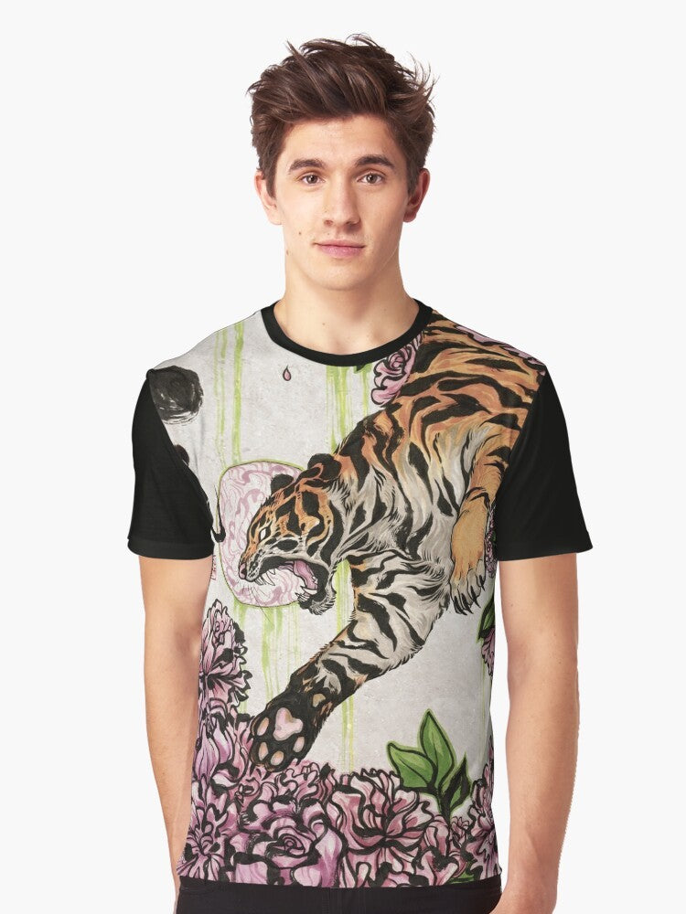 A graphic t-shirt featuring a tiger design with Chinese-inspired brush strokes and peonies. - Men