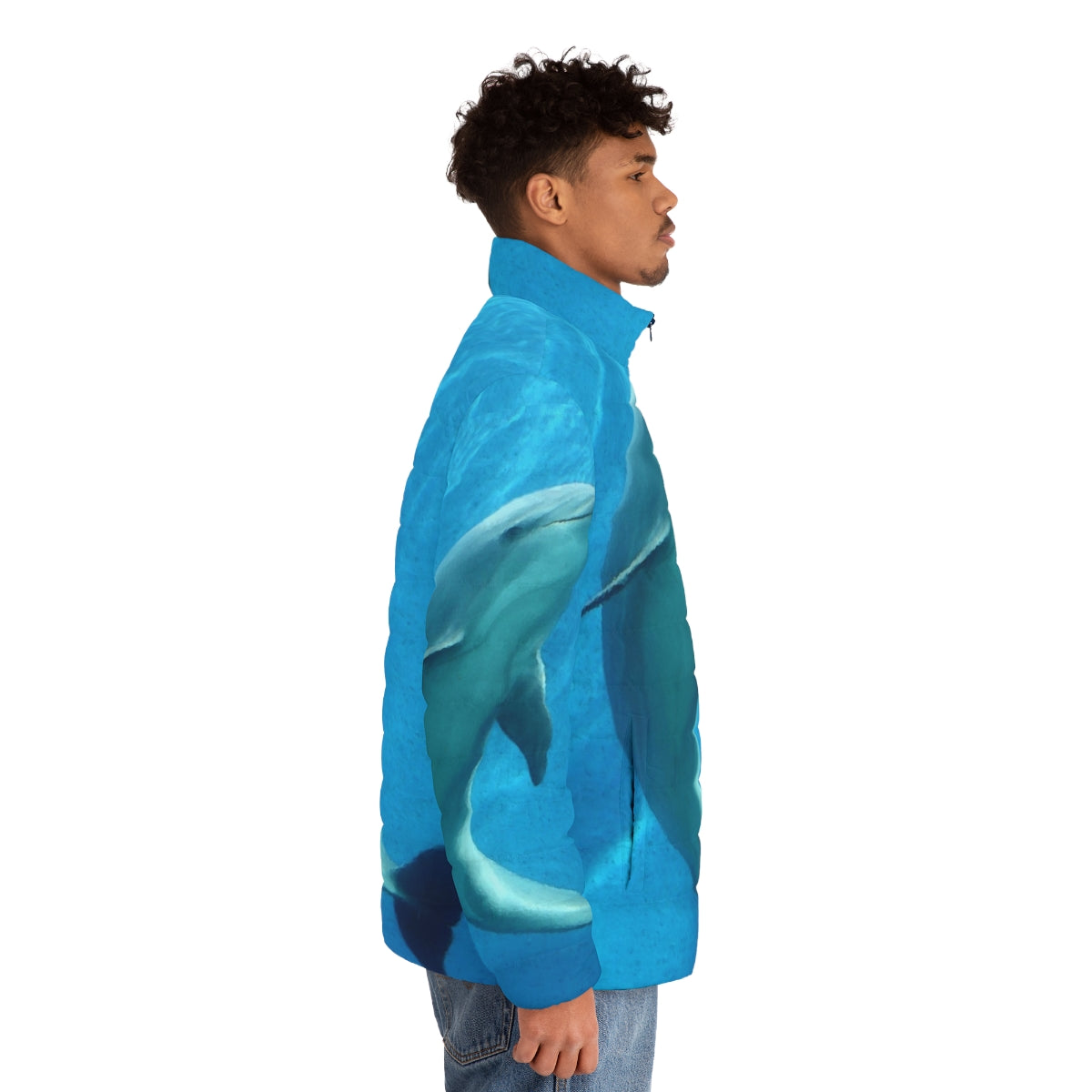 Dolphin puffer jacket with abstract patterns and fantasy design - men side right