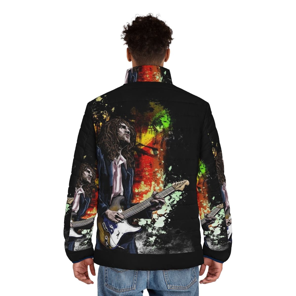 A puffer jacket featuring an illustration of John Frusciante, the legendary guitarist of the Red Hot Chili Peppers. - men back