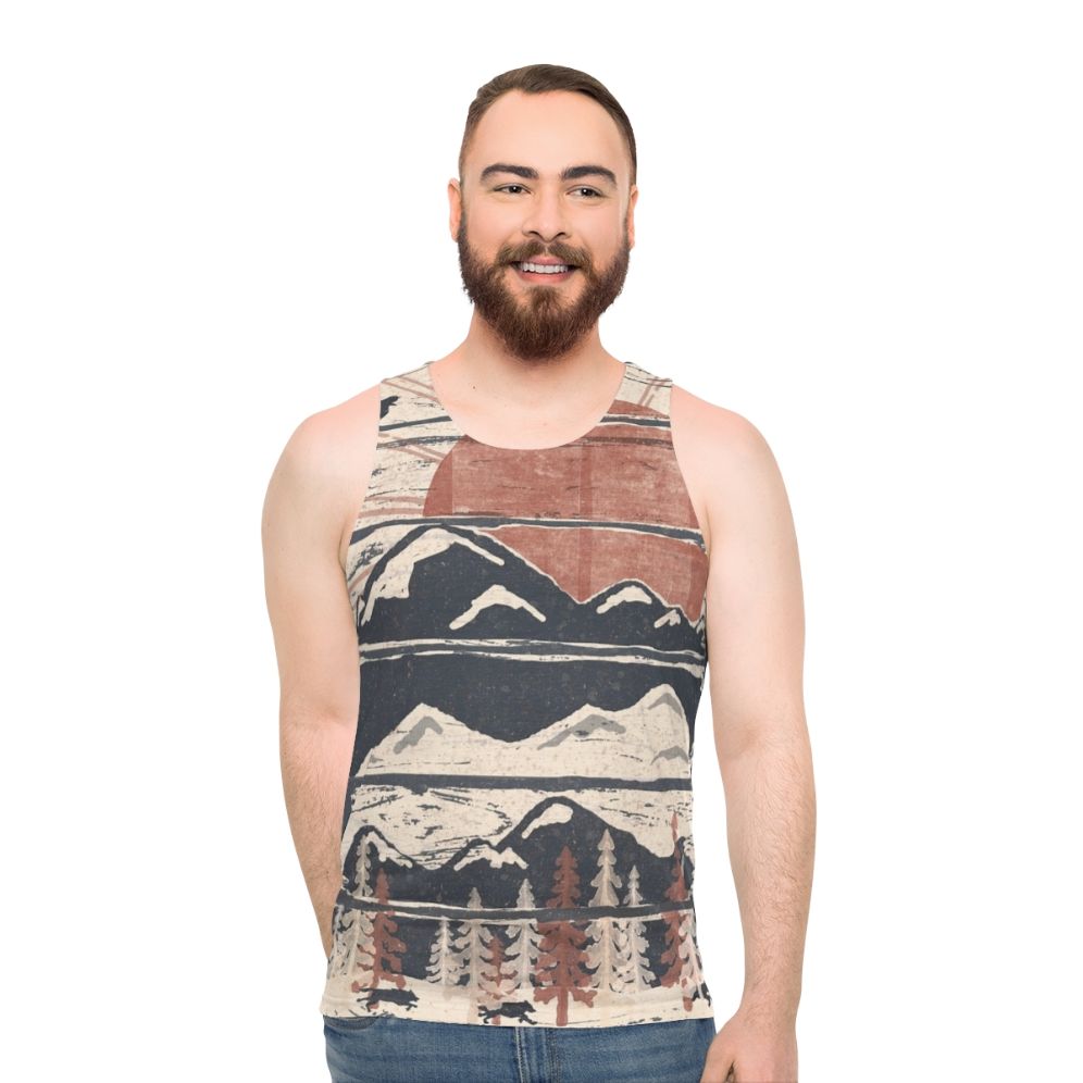 Unisex winter adventure tank top with nature and wildlife graphics - men