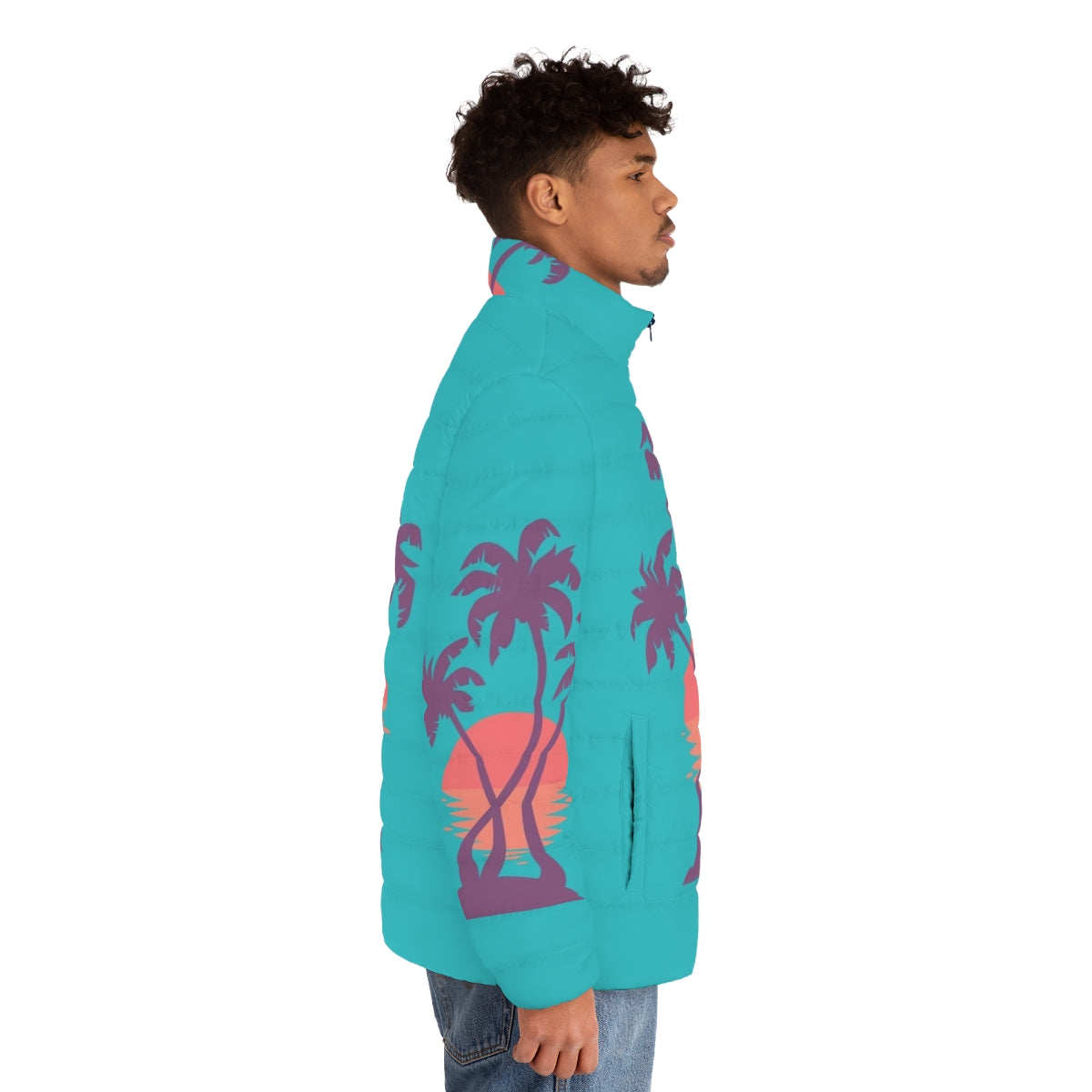 Puffer jacket with palm tree and tropical sunset design - men side right