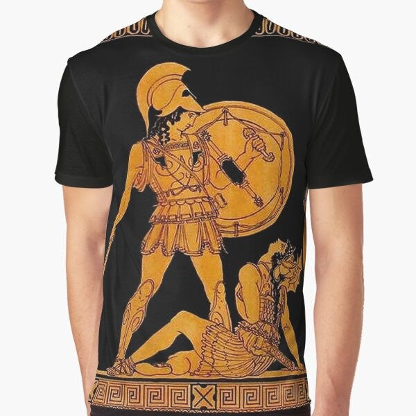 Vintage-style t-shirt design featuring ancient Greek gods and goddesses in a colorful frieze illustration