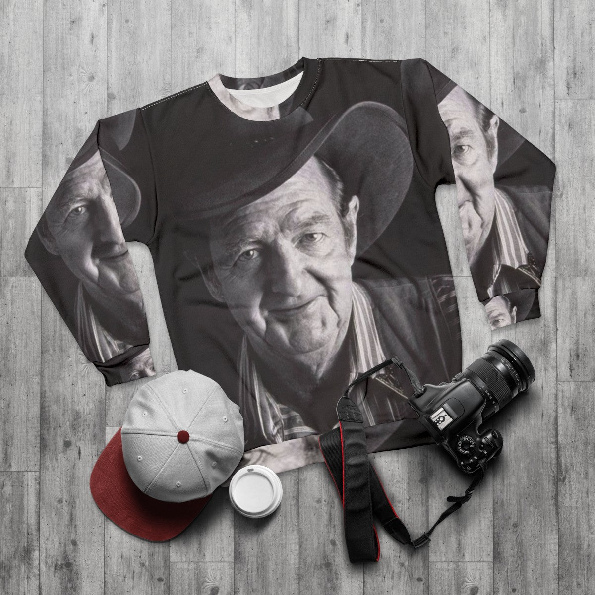 Slim Dusty Aussie Legend Black and White Retro Folk Sweatshirt - flat lay