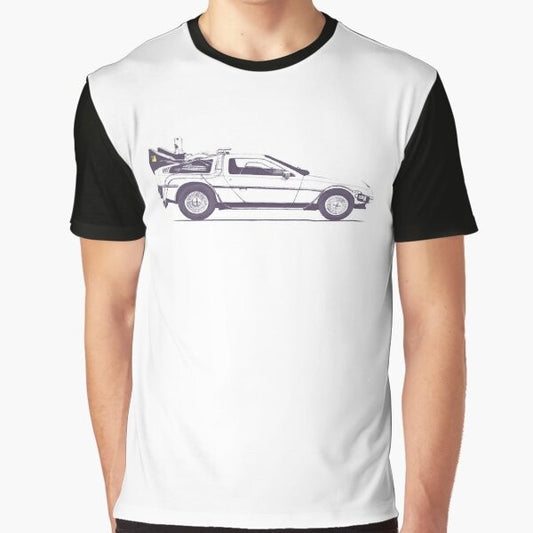 Vintage Delorean car graphic on a t-shirt with "Back to the Future" inspired design