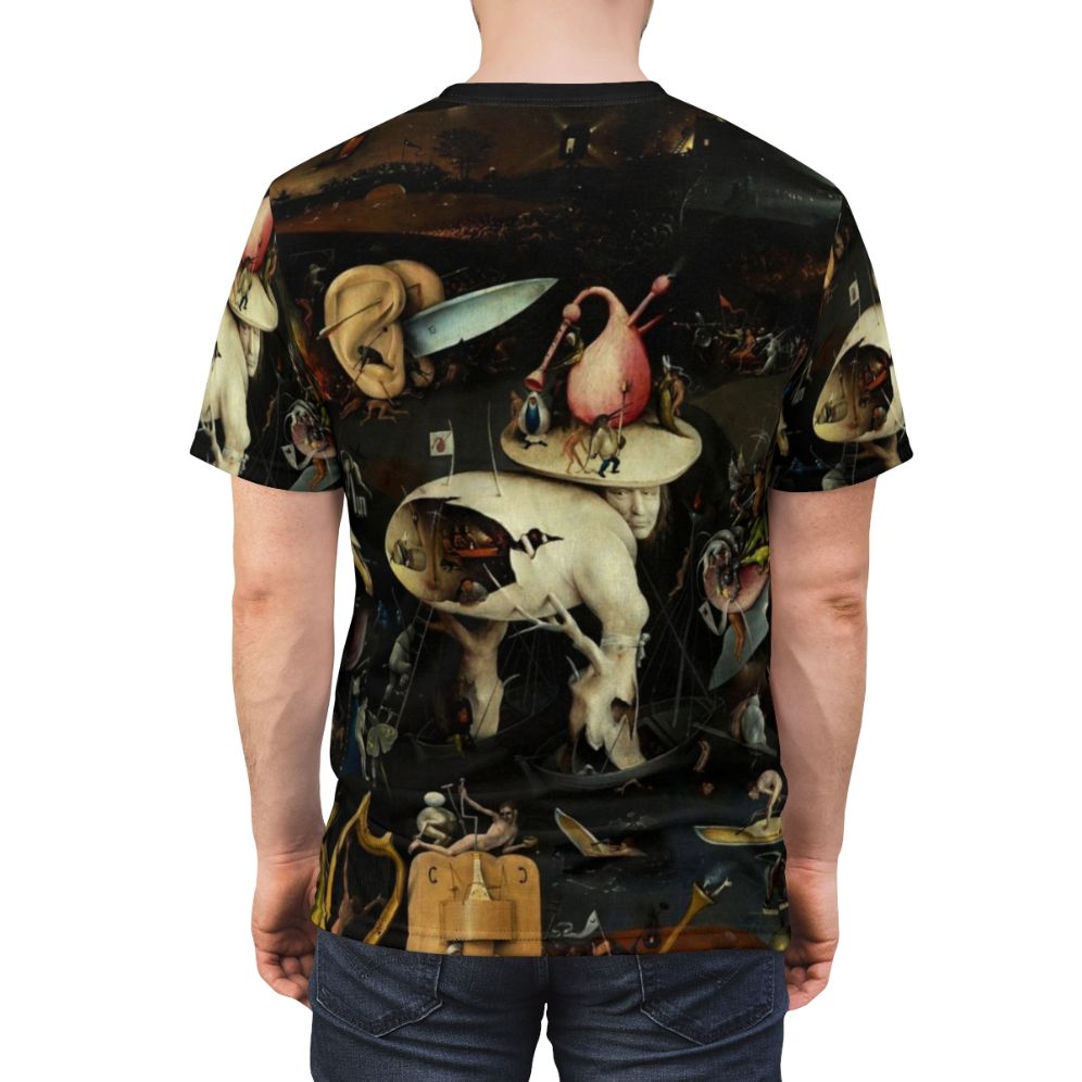 Surreal t-shirt design inspired by the fantastical and mysterious artwork of Hieronymus Bosch, featuring demonic figures, biblical themes, and a visually striking, surrealistic landscape. - men back