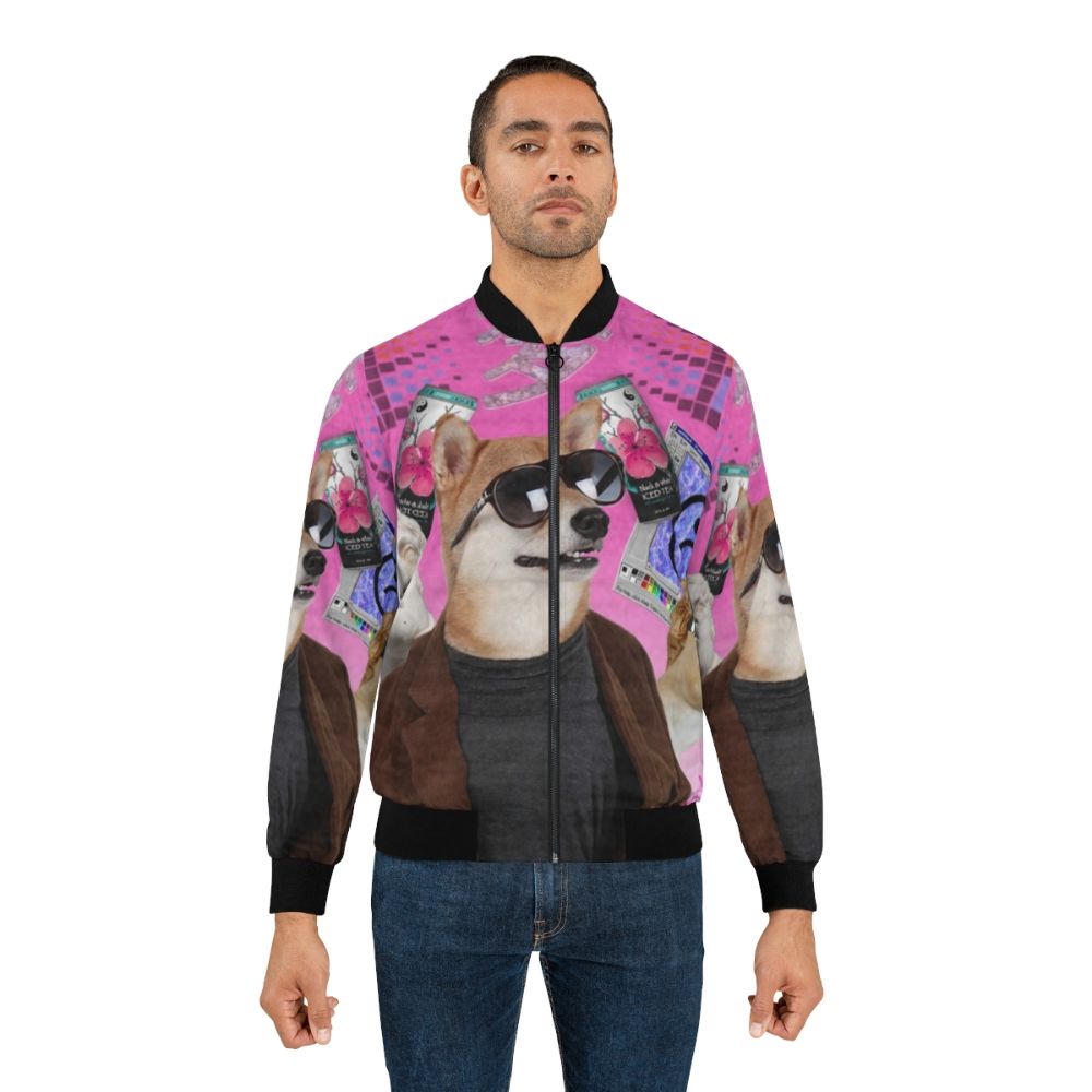 Vaporwave-inspired bomber jacket featuring a colorful, trippy dog design - Lifestyle