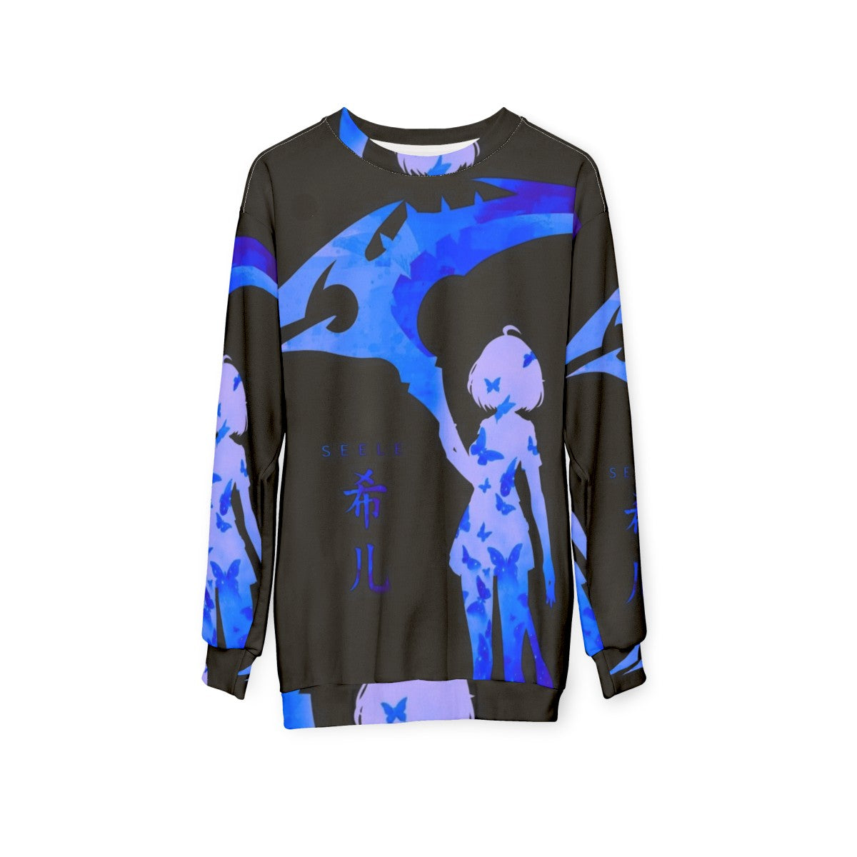 Blue Sweatshirt with Anime-style Butterflies Design - hanging