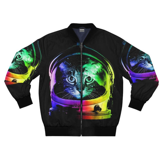 Adorable astronaut cat in a bomber jacket floating in space