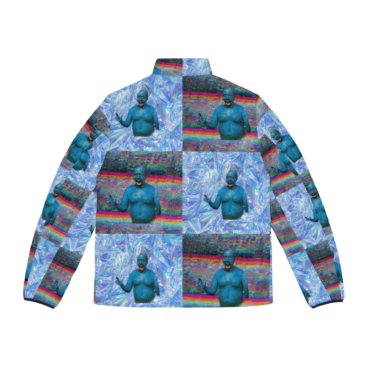 Marty Wolf puffer jacket from the movie "Big Fat Liar" with a vaporwave, glitch, and holographic aesthetic - Back