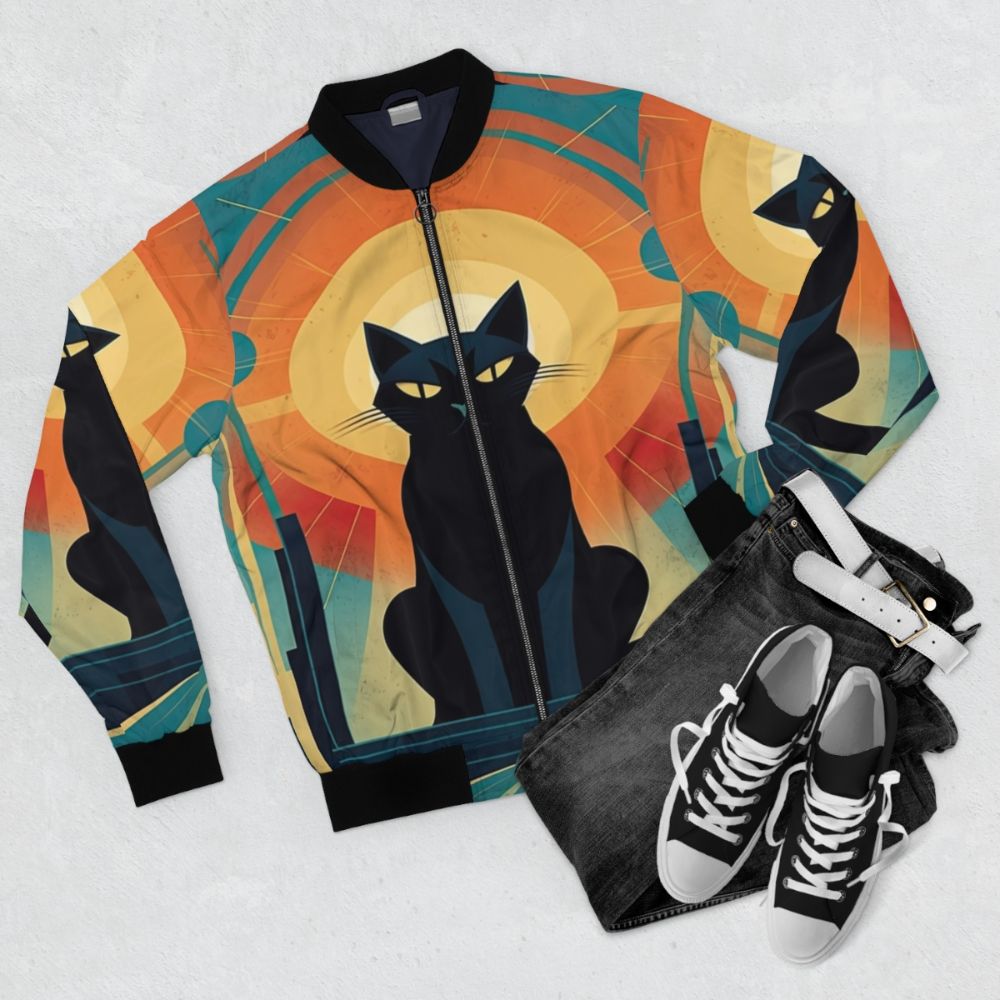 Fashionable art deco cat bomber jacket with a vintage and glamorous design - Flat lay