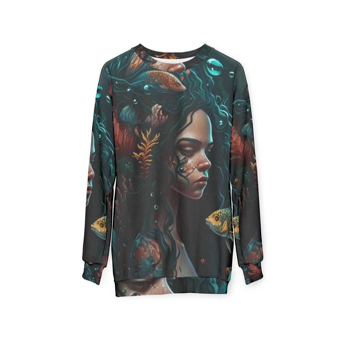 Whimsical sweatshirt featuring mythical sea creatures and fantasy beasts - hanging