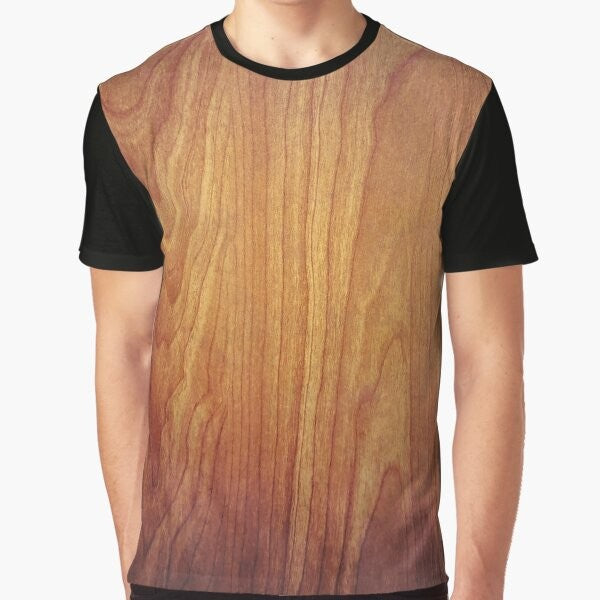 Closeup photo of a natural wood texture graphic printed on a t-shirt