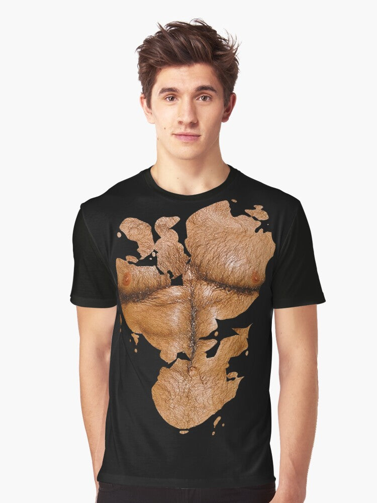 Muscular shirtless man with hairy chest and torn shirt graphic t-shirt - Men