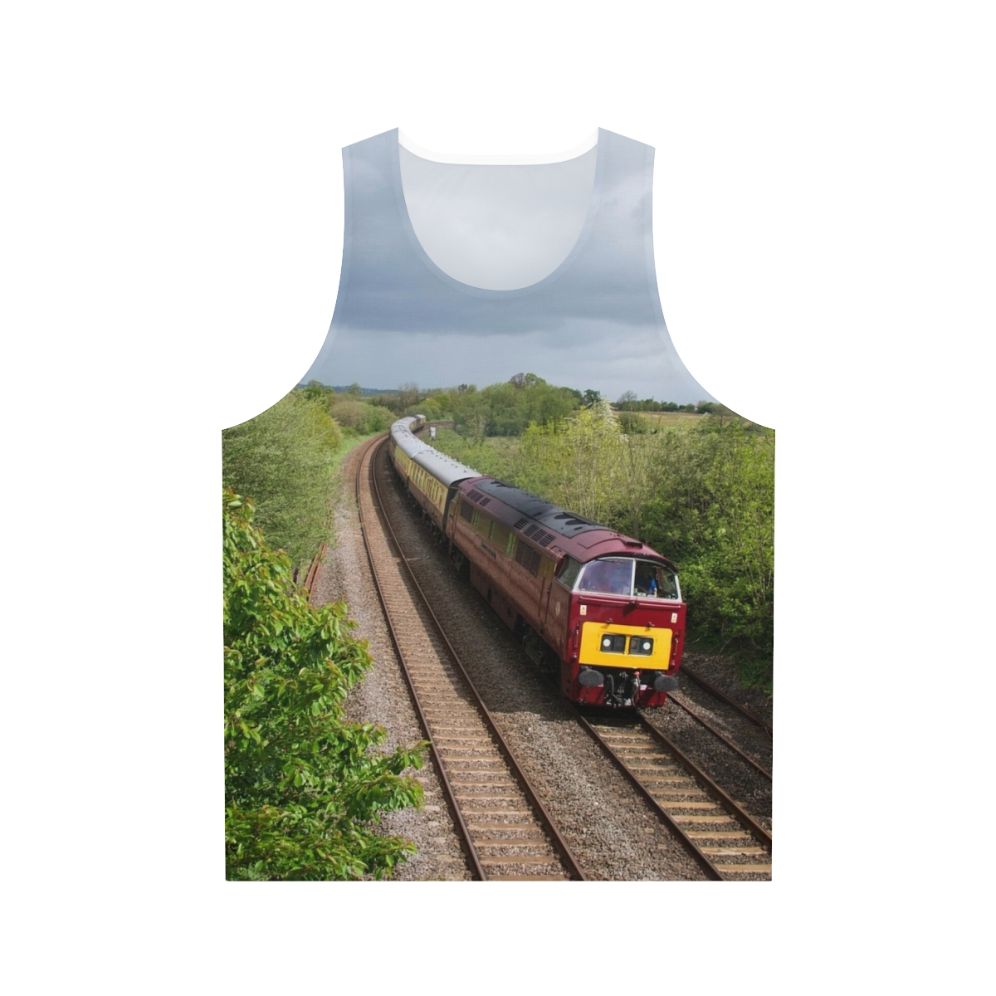 Unisex tank top with railway and western design