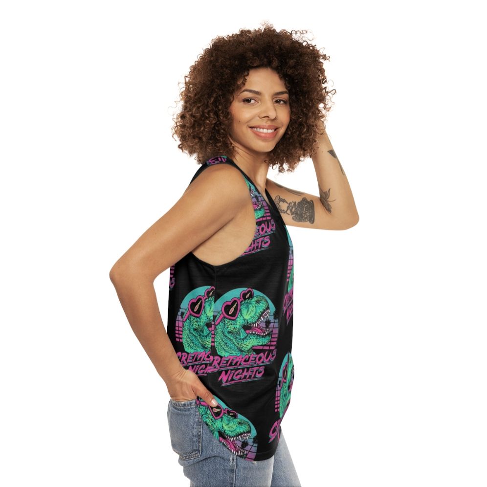 Tyrannosaurus rex dinosaur graphic on a retro-style unisex tank top - women side