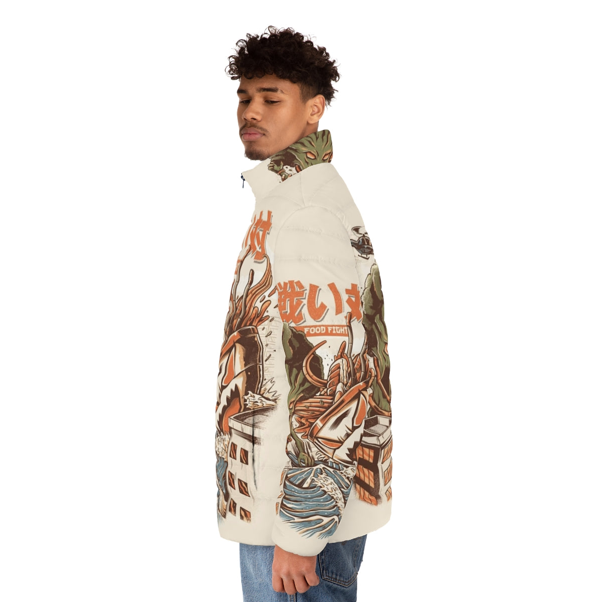 A stylish puffer jacket featuring a design of ramen kaiju fighting broccoli, perfect for anime and food lovers. - men side left