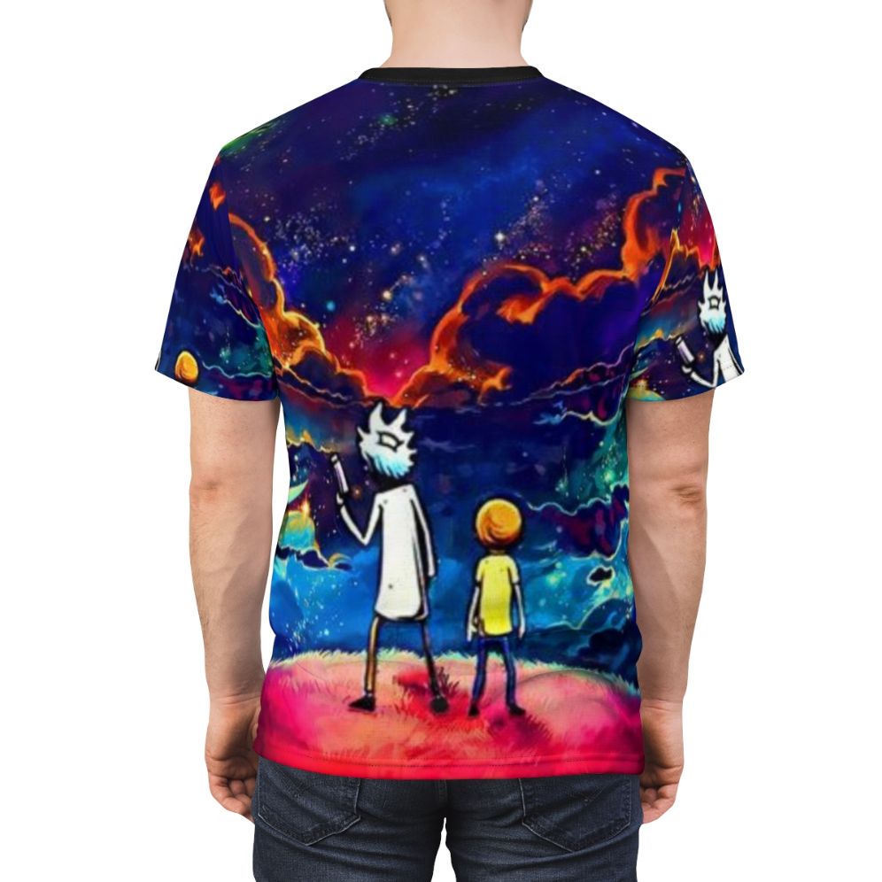 A colorful, all-over-print t-shirt featuring a design inspired by the popular adult cartoon series "Rick and Morty". - men back