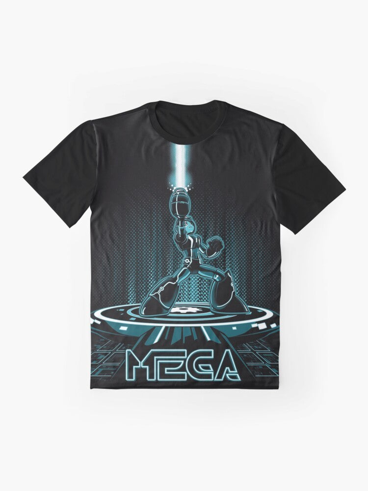 Retro Mega Man x Tron graphic t-shirt with a mashup design of classic video game and 80s movie characters - Flat lay