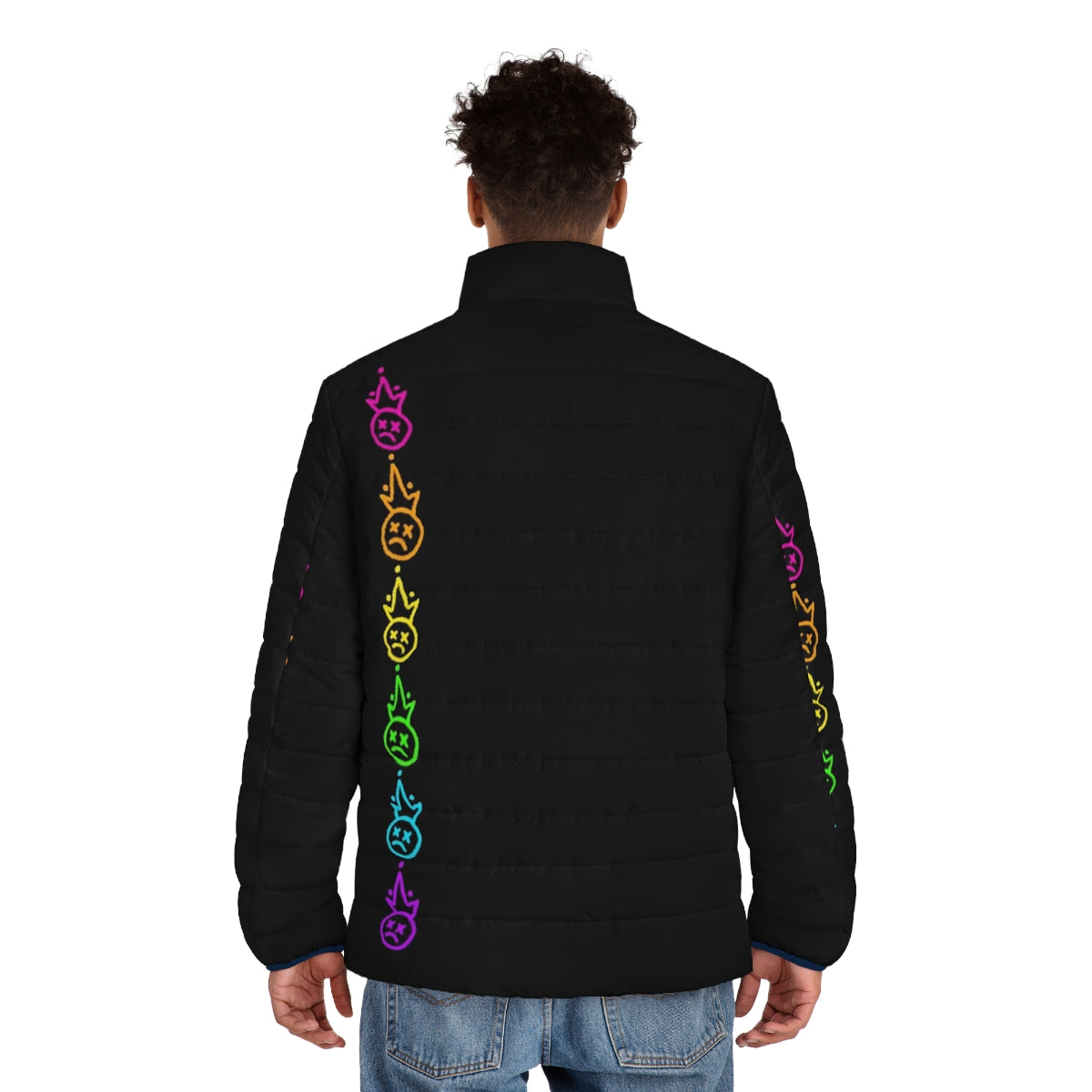 Colorful rainbow puffer jacket featuring the Fall Out Boy (FOB) logo - men back