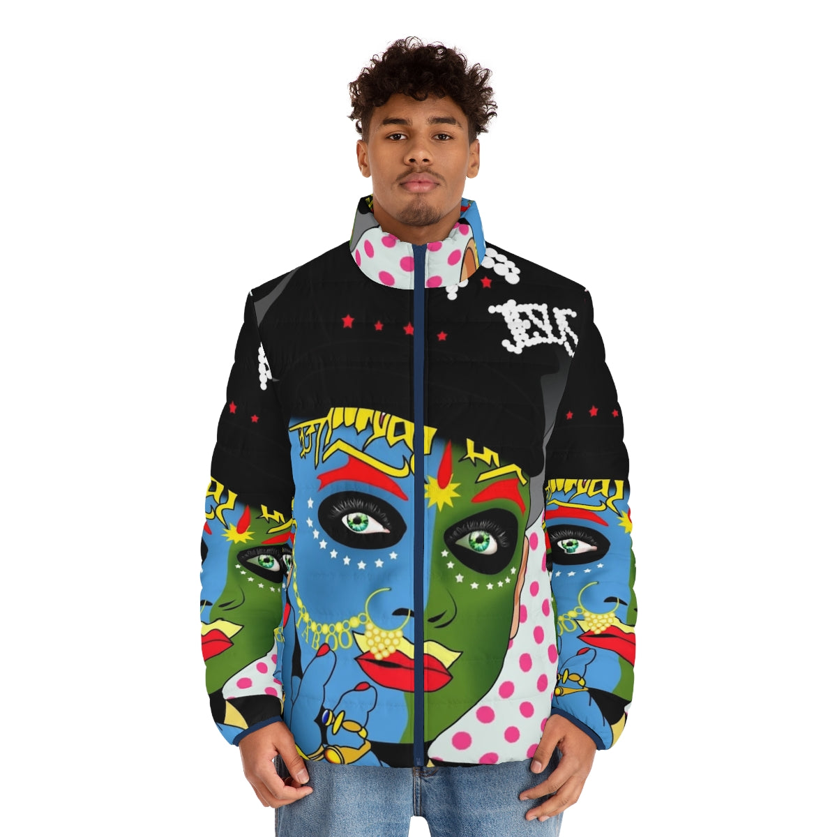 Colorful and whimsical Leigh Bowery puffer jacket, featuring a bold pop art style graphic design - men front