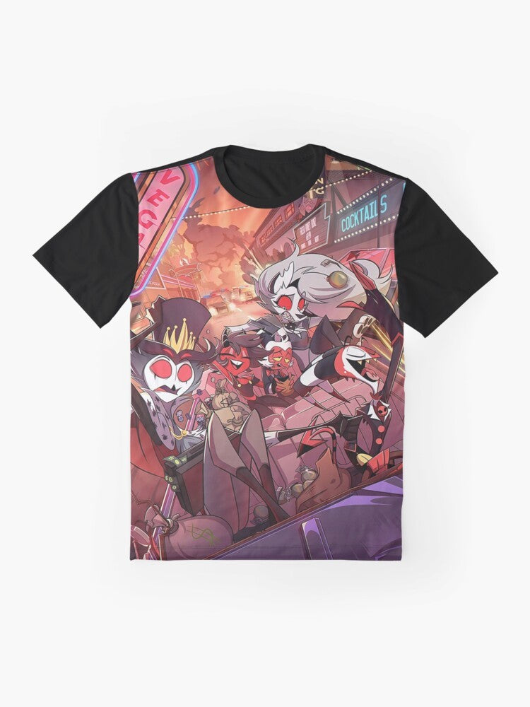 Helluva Boss Graphic T-Shirt featuring Loona, Blitzo, and other characters from the Vivziepop cartoon series Hazbin Hotel - Flat lay