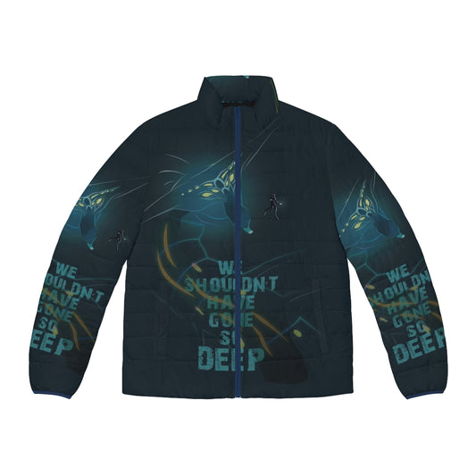 Degeneration Puffer Jacket featuring digital tear artwork inspired by Greek mythology