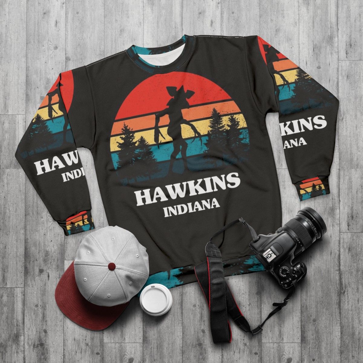 Demogorgon Hawkins Sweatshirt - Stranger Things Inspired 80s Horror Apparel - flat lay