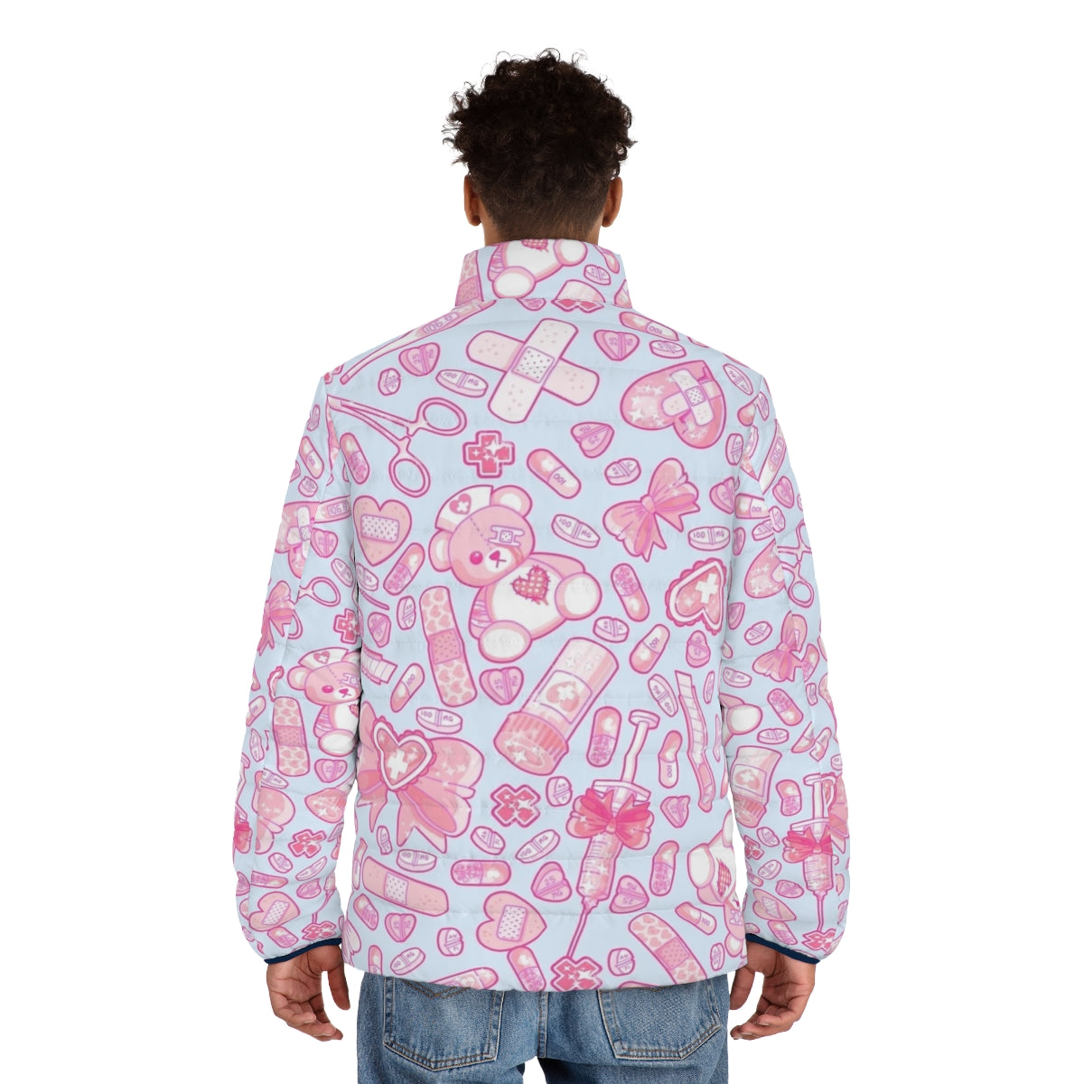 Sickly sweet puffer jacket in pastel goth, yume kawaii style with medical and horror elements - men back