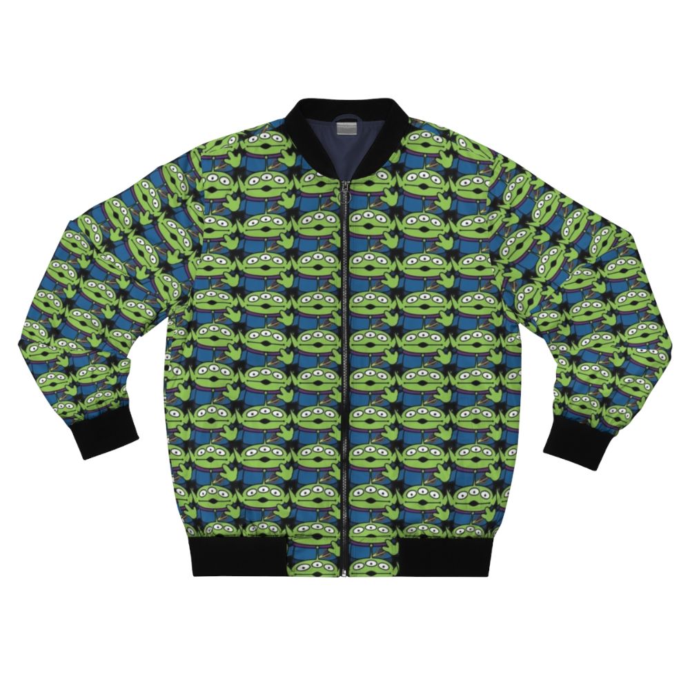 Alien Toy Story Bomber Jacket featuring iconic characters and elements from the Pixar film franchise.