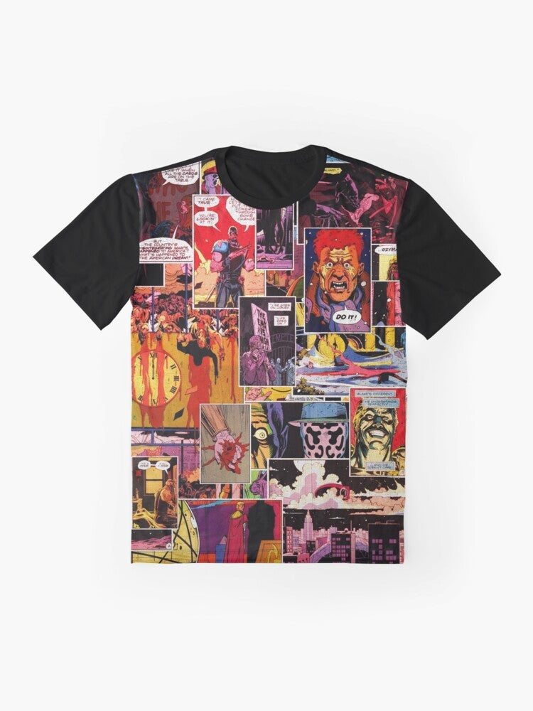 Watchmen comic book characters collage graphic t-shirt - Flat lay