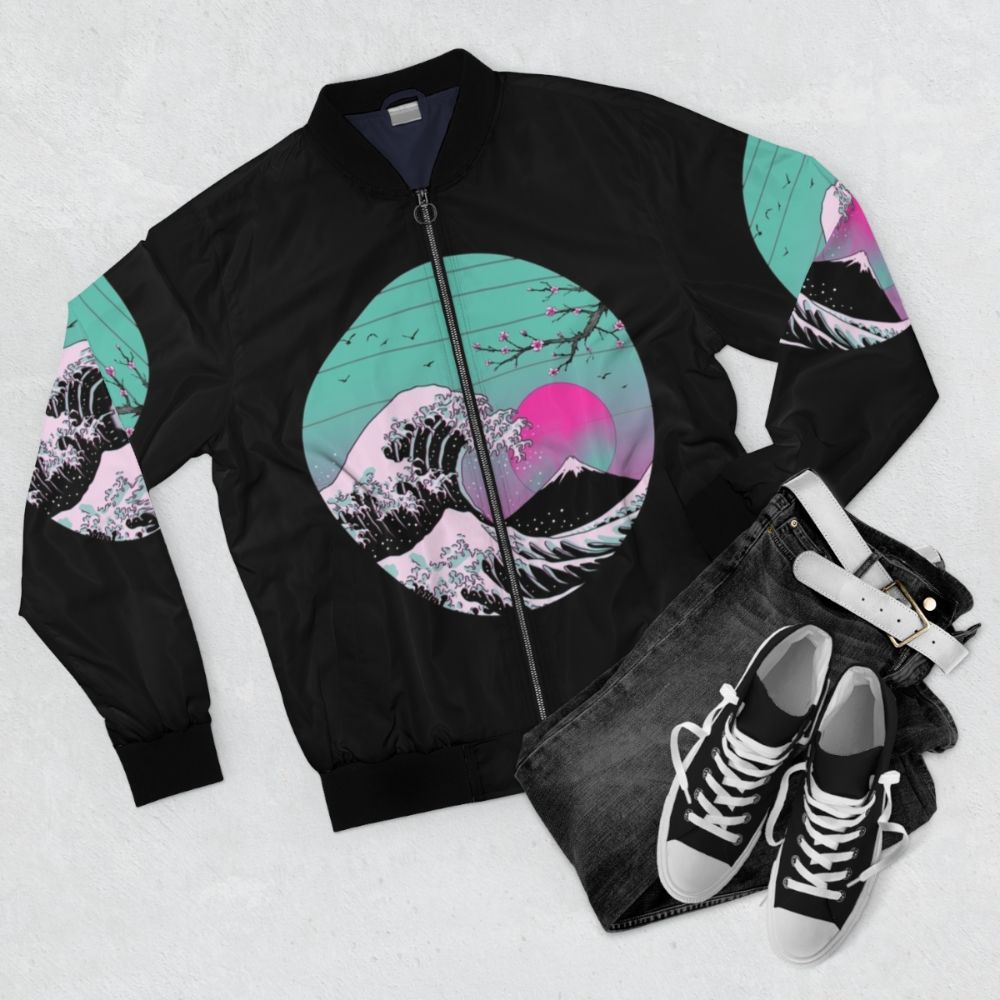 Retro 80s bomber jacket with Japanese inspired great wave design - Flat lay