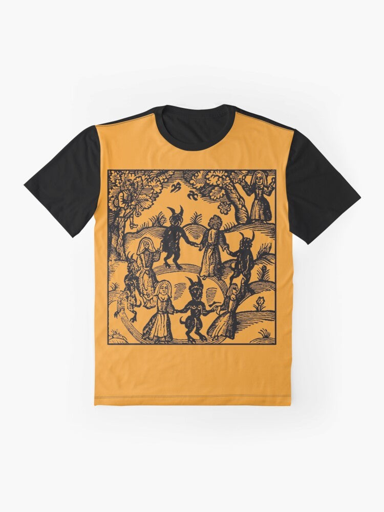 Magical "Dance with the Devil" graphic t-shirt featuring a goat, occult, and dancing skeleton design - Flat lay