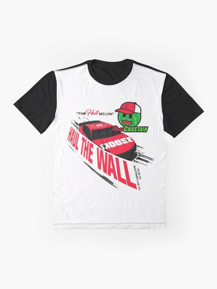 Ross Chastain "Haul the Wall" Hail Melon Graphic T-Shirt featuring a stylized design with the phrase "Haul the Wall" and a melon graphic - Flat lay