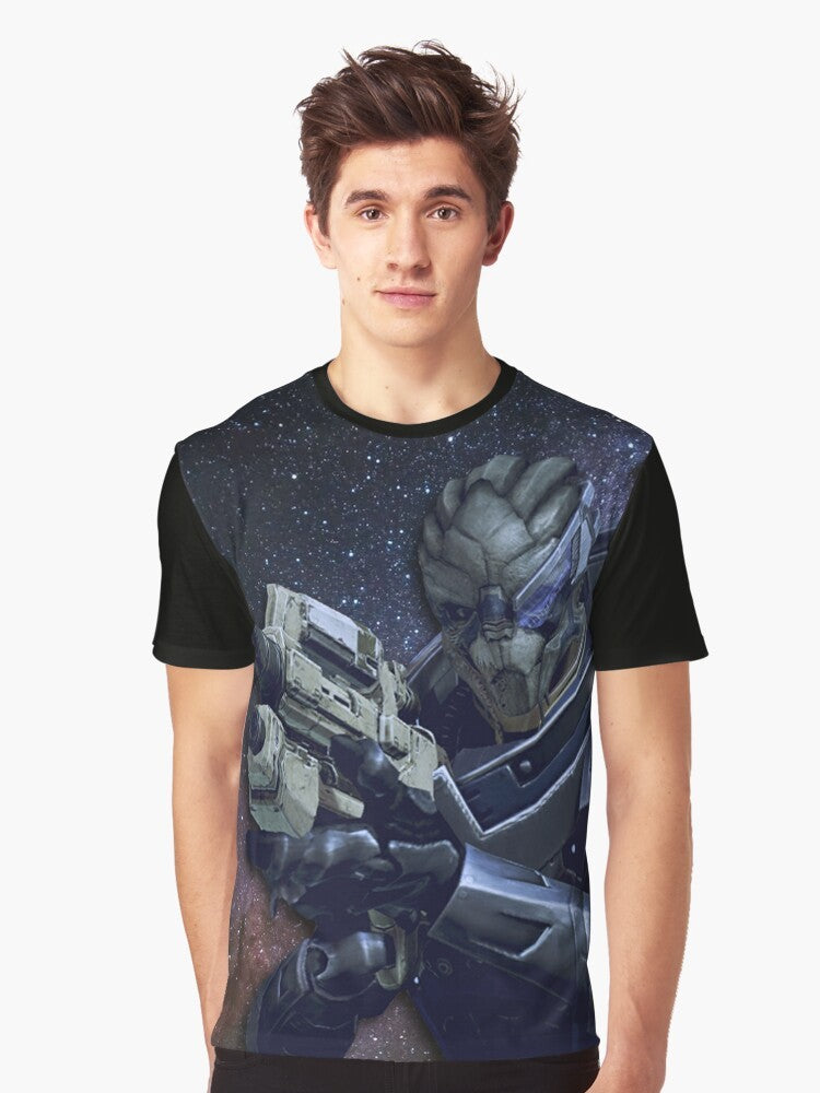 Mass Effect Garrus Vakarian Graphic T-Shirt featuring the character Garrus Vakarian, a turian sniper and ally in the Mass Effect video game series. - Men