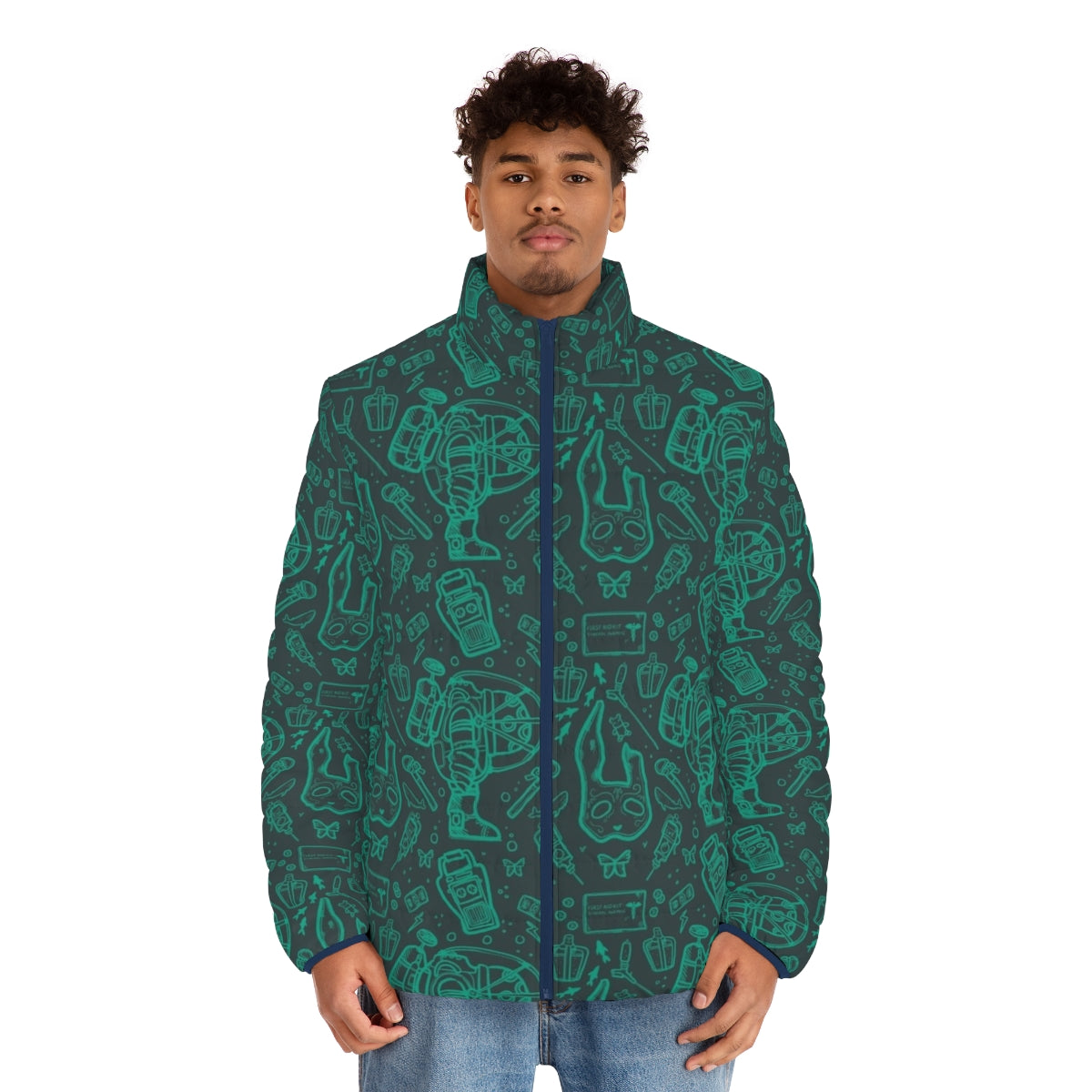 Bioshock Rapture-inspired blue puffer jacket with a continuous pattern design - men front