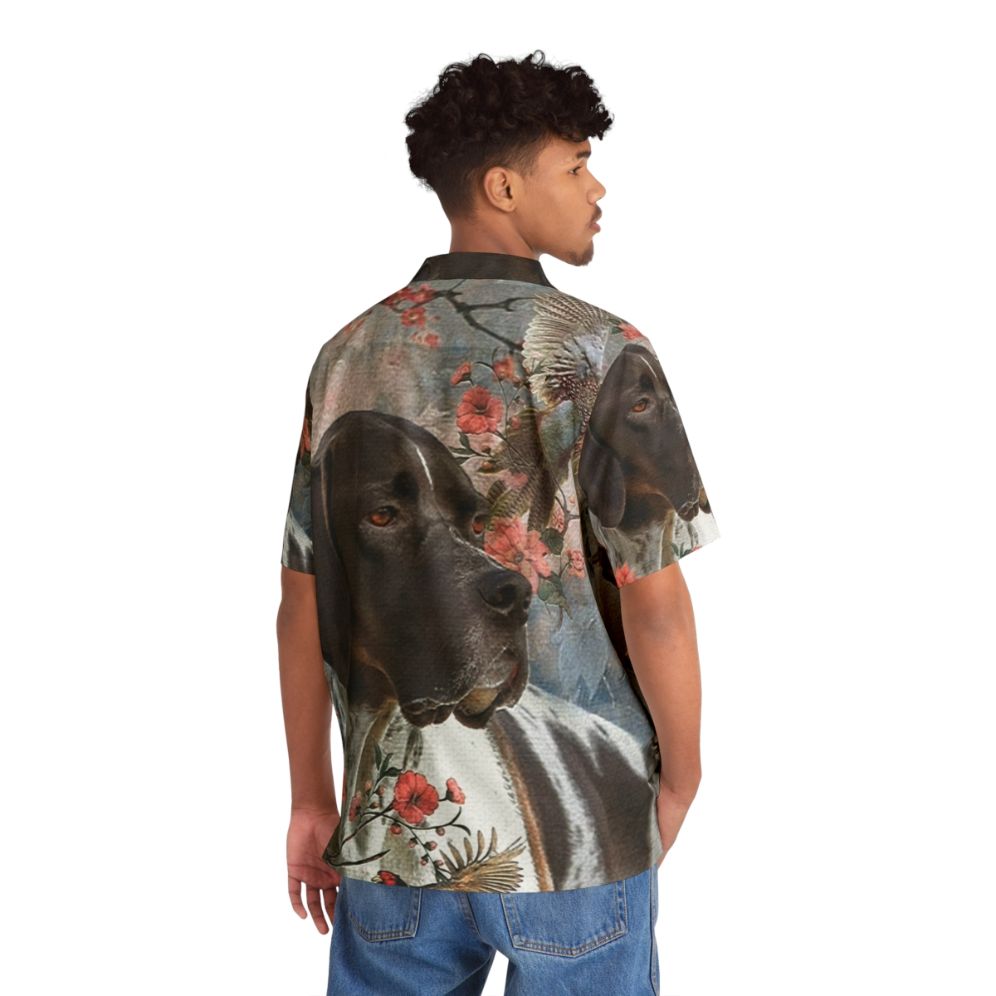 Pointer dog wearing a Hawaiian shirt with a floral and pheasant design - People Back